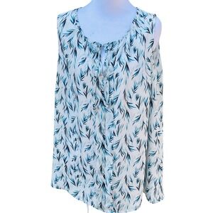 White House Black Market plus 16W Sleeveless Tie Neck Leaf Print Blouse Top Blue